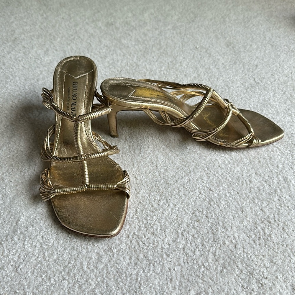 Bruno Magli gold leather strappy heels
